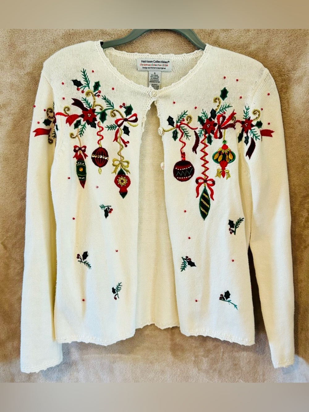 Vintage Christmas Cardigan Ornament Sweater Heirloom Collectibles Sz S